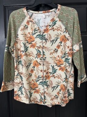Floral Waffle-Knit Raglan Top - Green/Cream/Orange